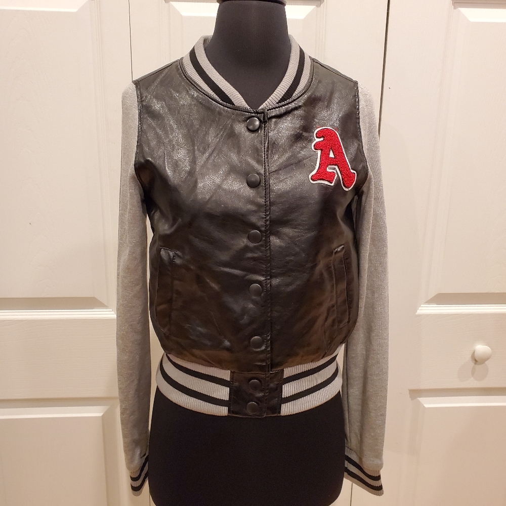 Black Faux leather letterman Jacket